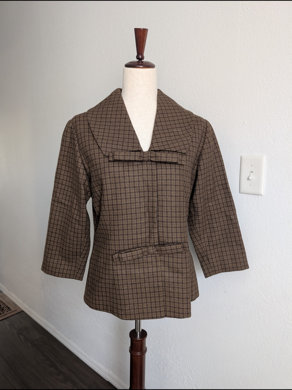 Vintage Wool Brown Plaid Jacket Coat With Bows